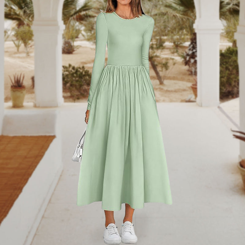 💞Elegant Solid Color Round Neck A-line Pleated Dress-8