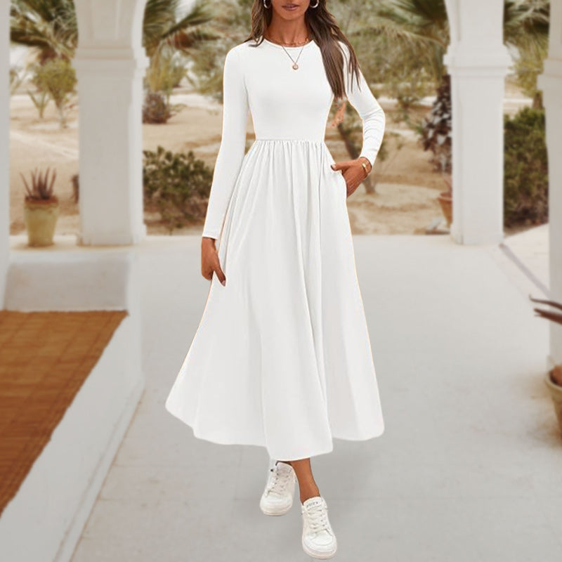 💞Elegant Solid Color Round Neck A-line Pleated Dress-12