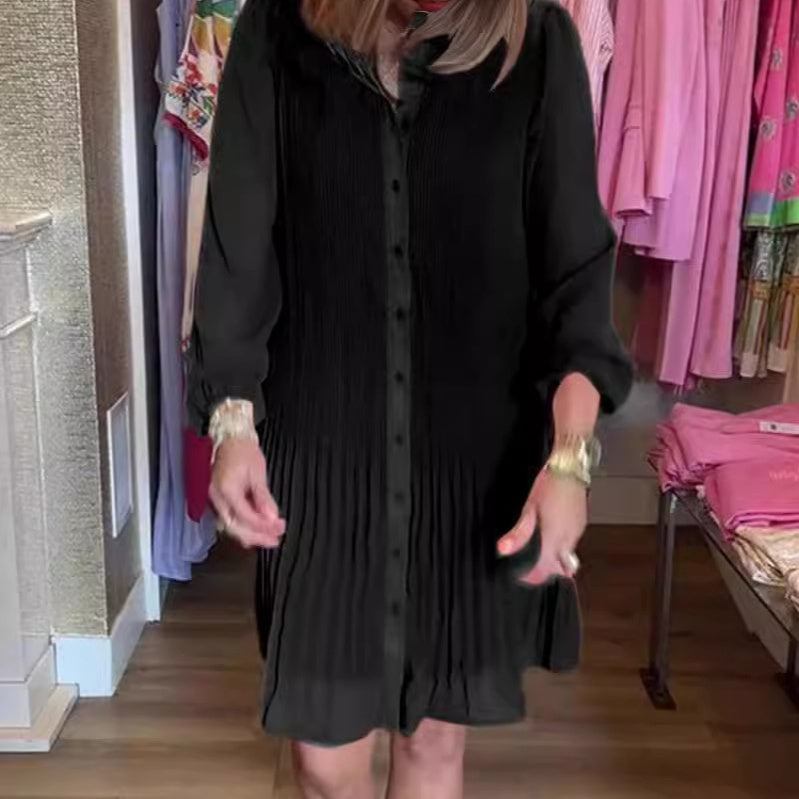 💕HOT SALE💕 Casual Button-Down Shirt Dress with Pleated Hem-1