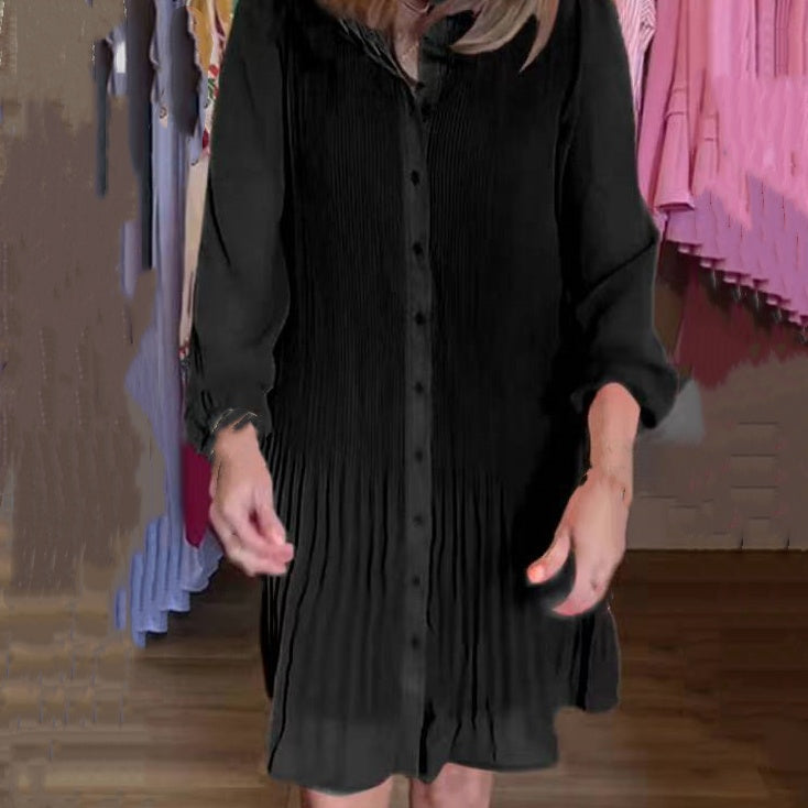 💕HOT SALE💕 Casual Button-Down Shirt Dress with Pleated Hem-6