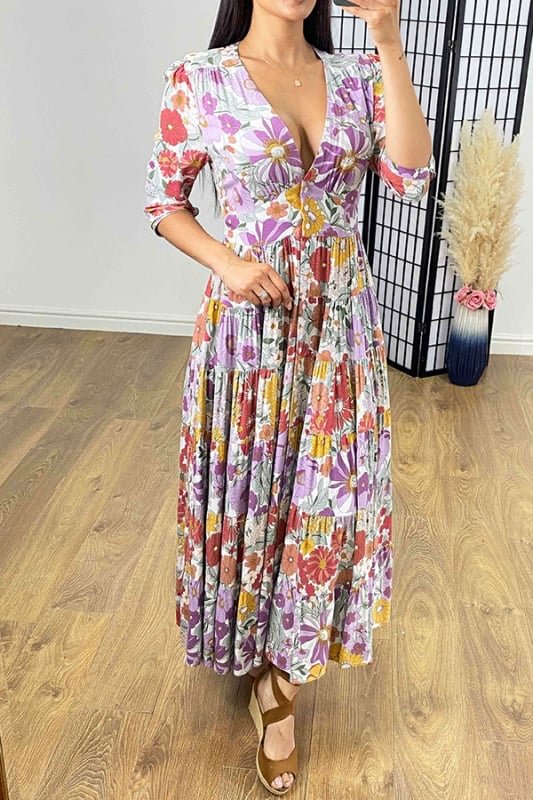 🔥Hot Sale💃Floral Print Tiered Hem Maxi Dress-1