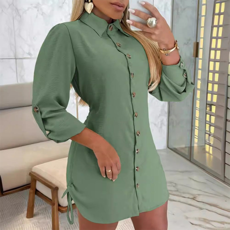 💥Limited time 56% off🔥Women's Lapel Button-Down Side Drawstring Shirt Dress-2