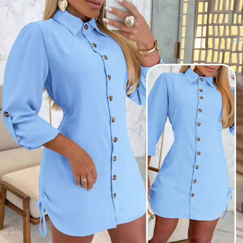 💥Limited time 56% off🔥Women's Lapel Button-Down Side Drawstring Shirt Dress-4