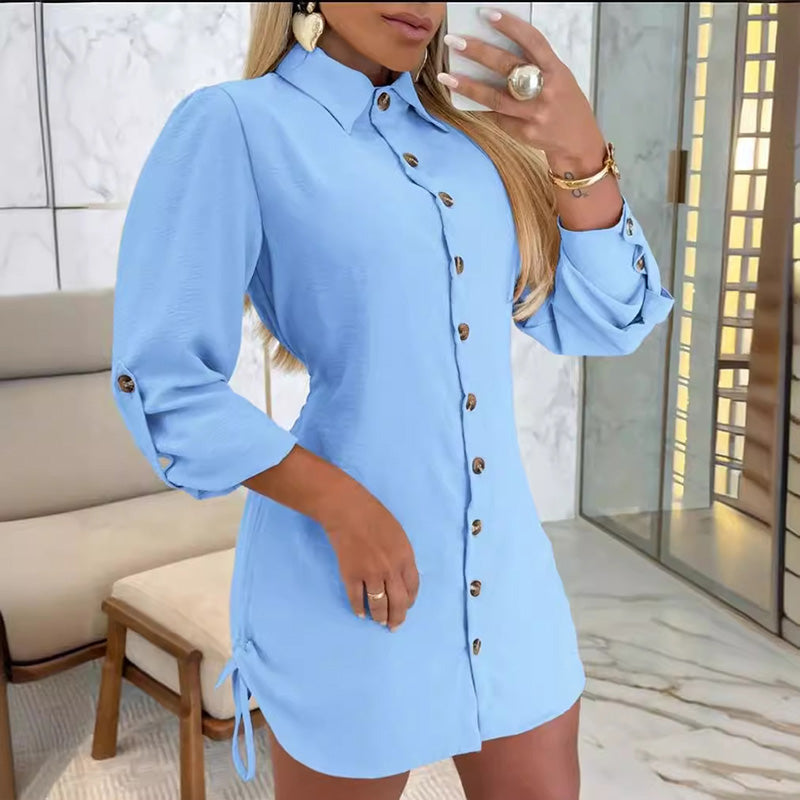 💥Limited time 56% off🔥Women's Lapel Button-Down Side Drawstring Shirt Dress-12