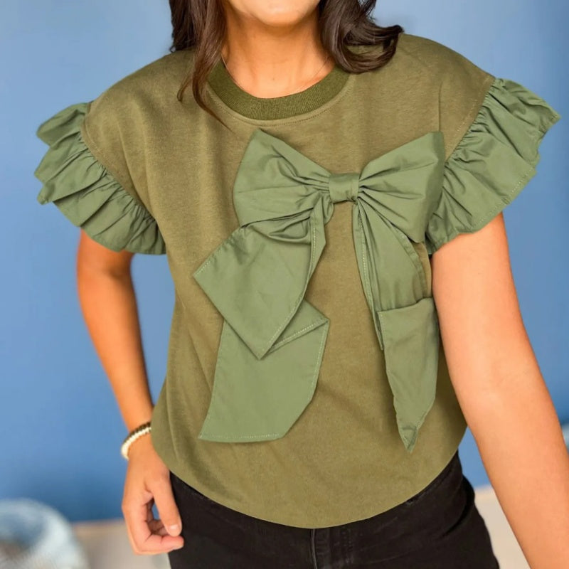 🌷Limited Time 62% OFF💞Bow Tie Short Ruffle Sleeve Top-2