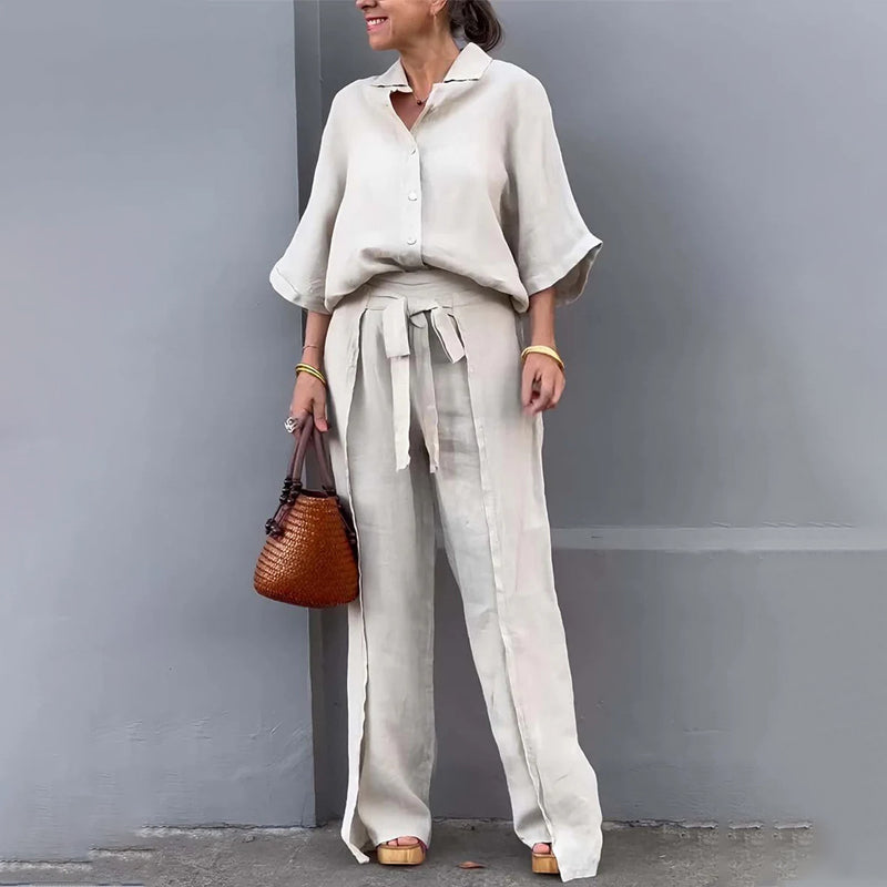 🔥HOT SALE-53% OFF💝Solid Color Lapel Top Drawstring Pants 2-Piece Set-3