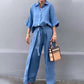 🔥HOT SALE-53% OFF💝Solid Color Lapel Top Drawstring Pants 2-Piece Set-2