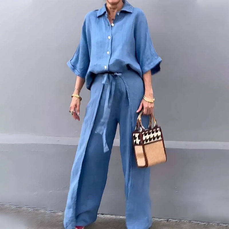 🔥HOT SALE-53% OFF💝Solid Color Lapel Top Drawstring Pants 2-Piece Set-2
