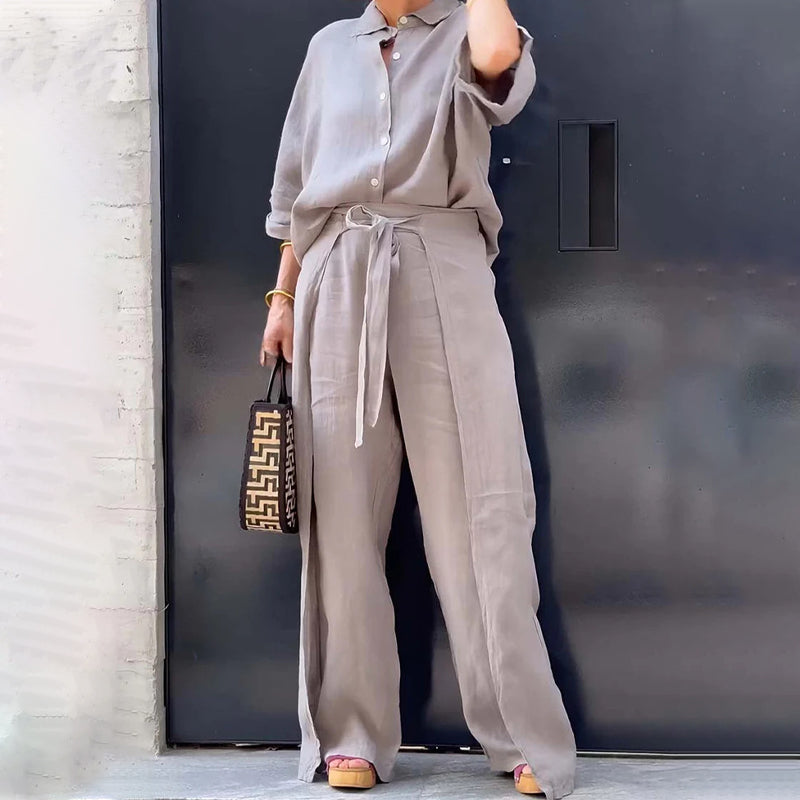 🔥HOT SALE-53% OFF💝Solid Color Lapel Top Drawstring Pants 2-Piece Set-1