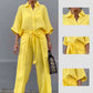 🔥HOT SALE-53% OFF💝Solid Color Lapel Top Drawstring Pants 2-Piece Set-5