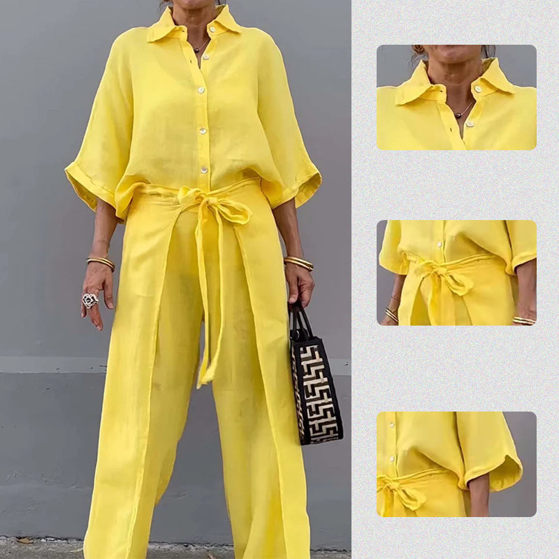 🔥HOT SALE-53% OFF💝Solid Color Lapel Top Drawstring Pants 2-Piece Set-5