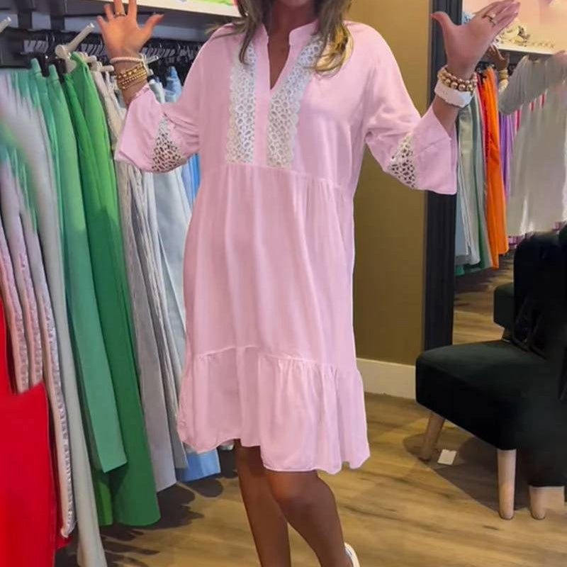 🌷Limited Time 61% OFF💞Women's Casual V-Neck Lace Long Sleeve Solid Color Dress-2