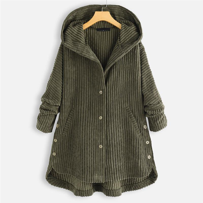 🎁Nieuw product 50% korting 💖🍃Casual effen gekleurde jas met verdikte capuchon en knopen-5