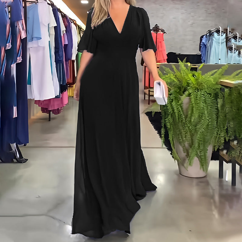 🌷Limited Time 50% OFF💞Solid Color V-Neck Waist Cinching Split Dress-1