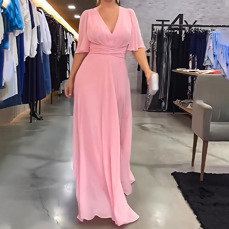 🌷Limited Time 50% OFF💞Solid Color V-Neck Waist Cinching Split Dress-2