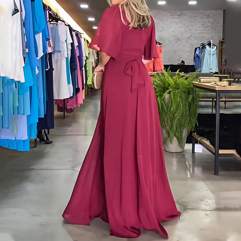 🌷Limited Time 50% OFF💞Solid Color V-Neck Waist Cinching Split Dress-4