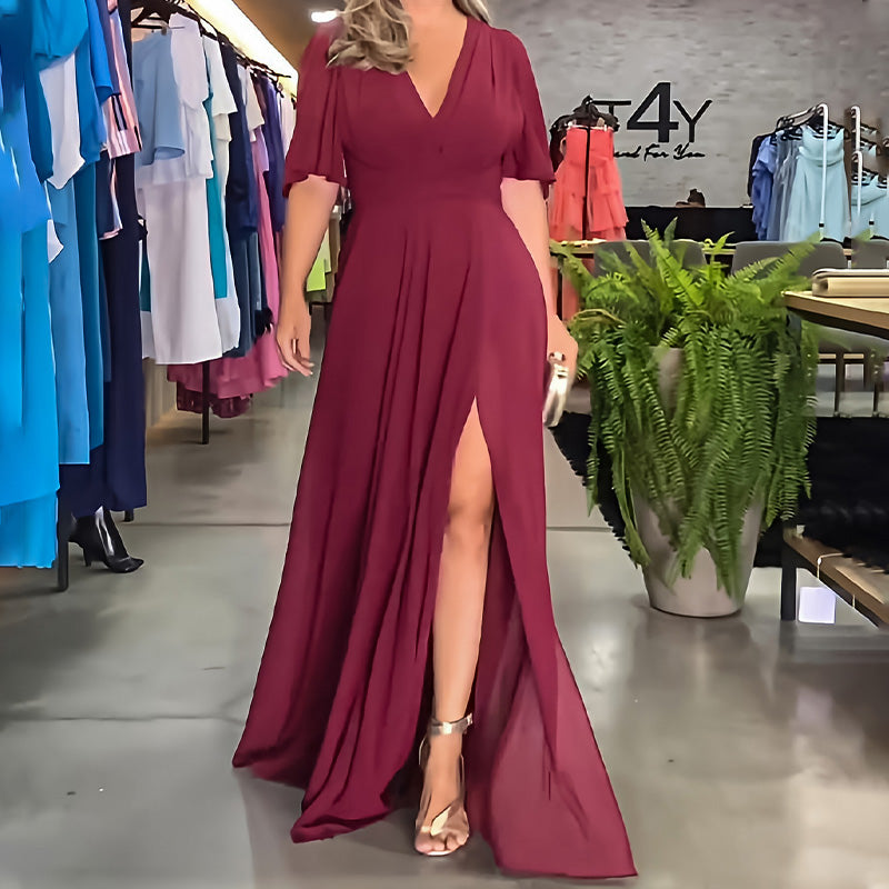🌷Limited Time 50% OFF💞Solid Color V-Neck Waist Cinching Split Dress-3