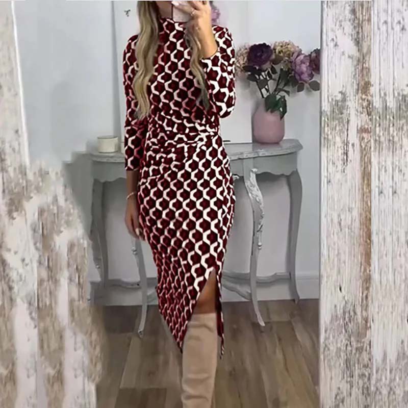 🔥Clearance Sale🔥Women's Sleek Geometric Print Side Slit Dress-7