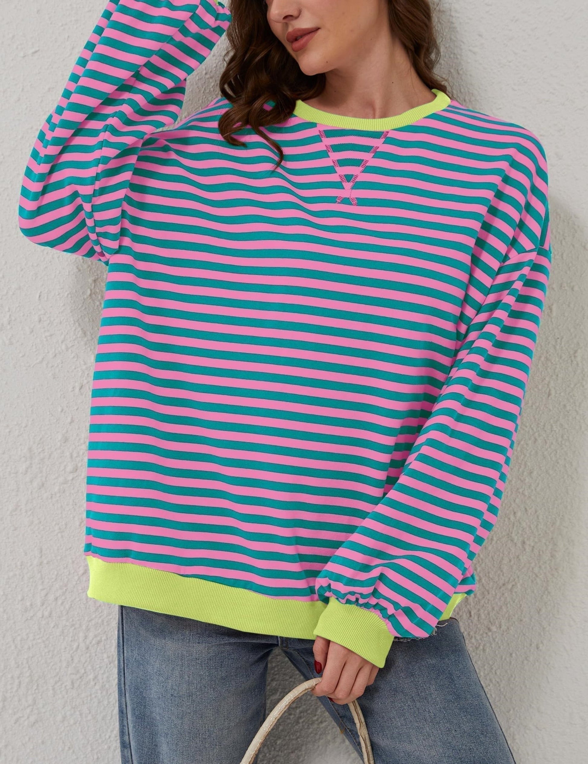 🔥2024 HOT SALE🔥Women's Oversized Striped Long Sleeve Pullover-1