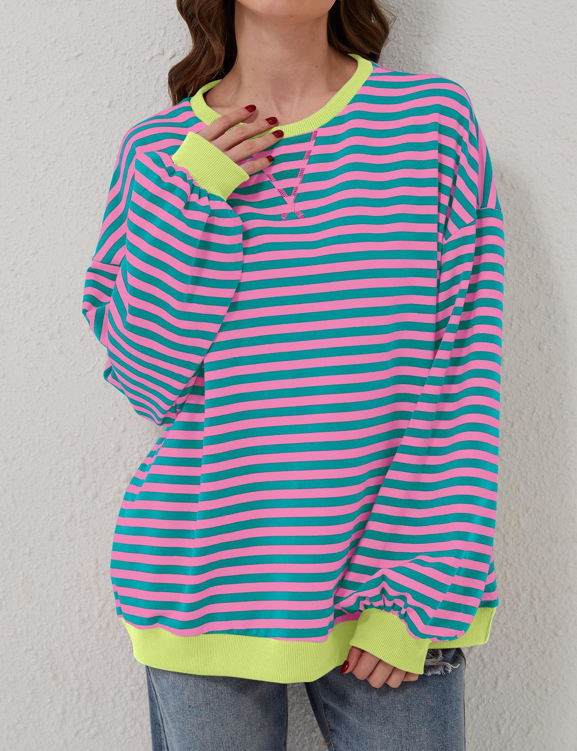 🔥2024 HOT SALE🔥Women's Oversized Striped Long Sleeve Pullover-3