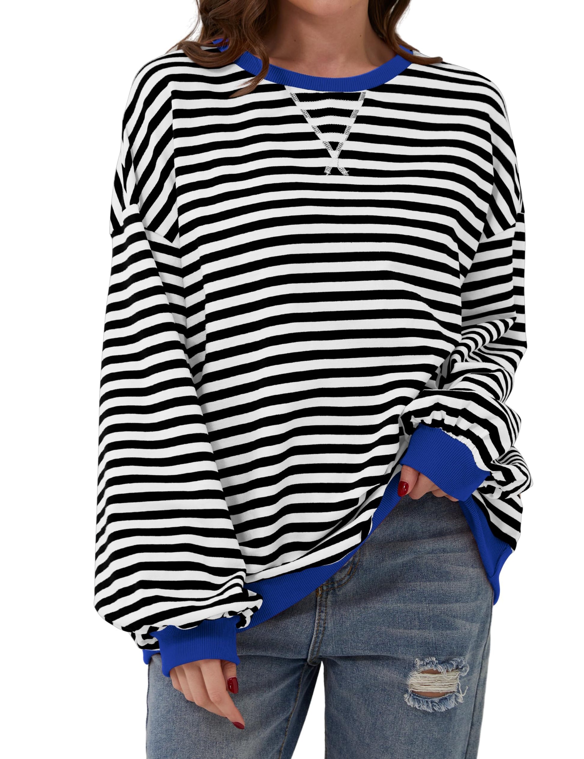 🔥2024 HOT SALE🔥Women's Oversized Striped Long Sleeve Pullover-5