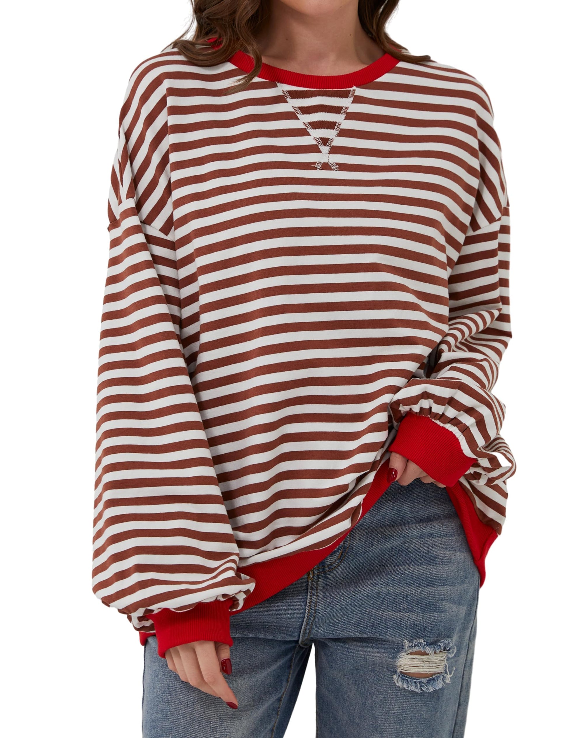 🔥2024 HOT SALE🔥Women's Oversized Striped Long Sleeve Pullover-10
