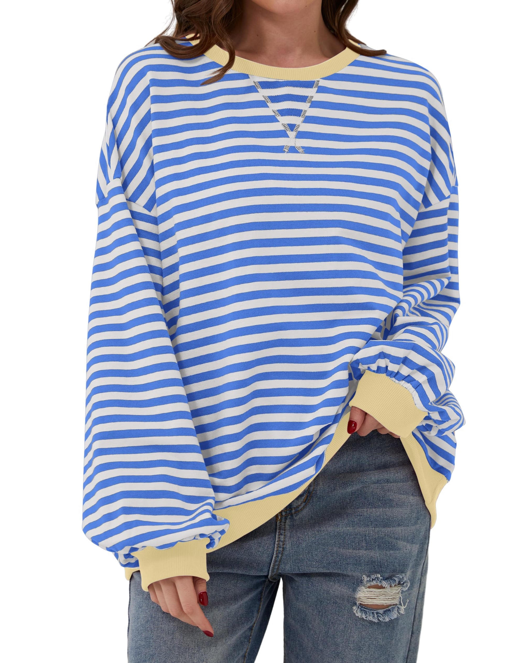 🔥2024 HOT SALE🔥Women's Oversized Striped Long Sleeve Pullover-14