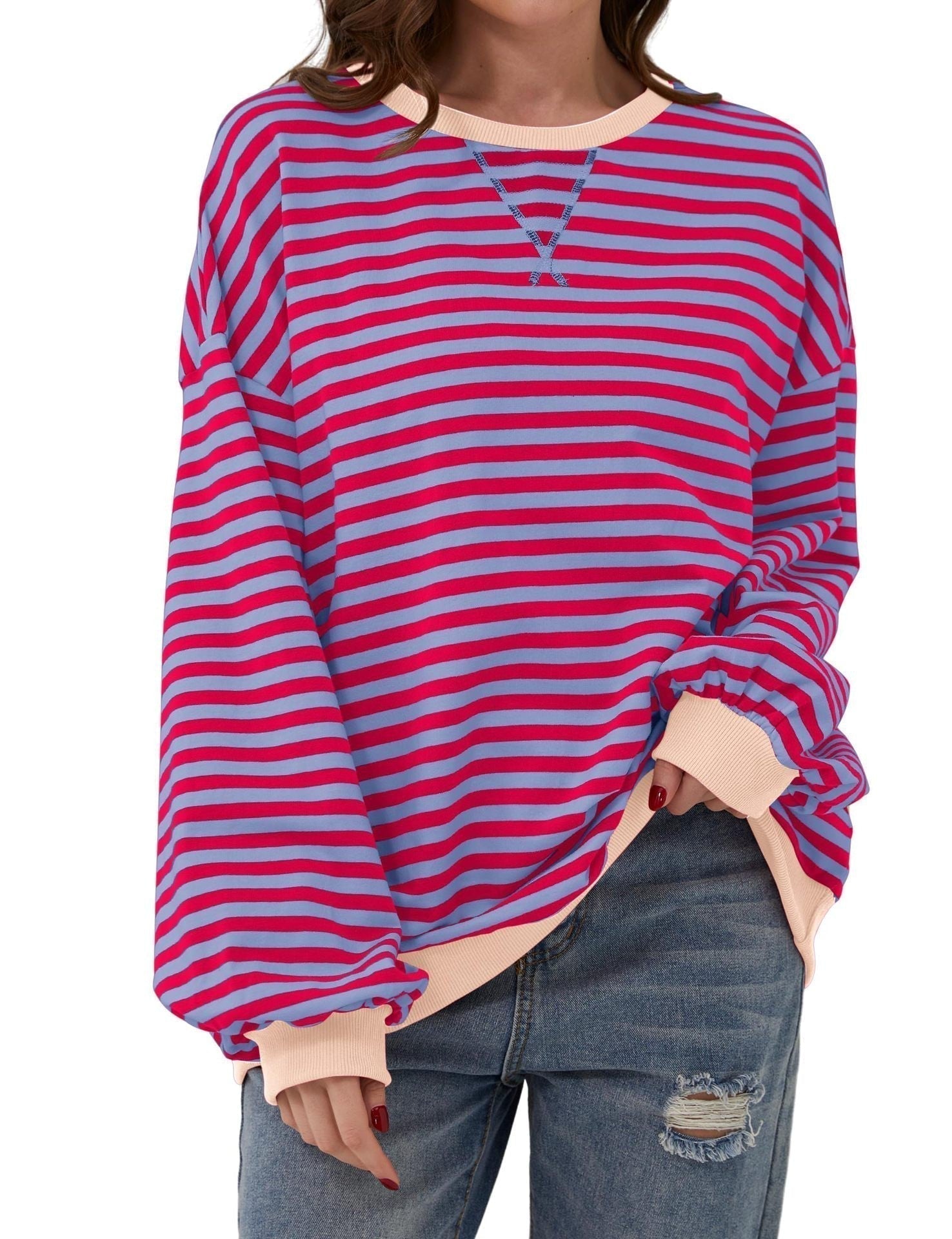 🔥2024 HOT SALE🔥Women's Oversized Striped Long Sleeve Pullover-15
