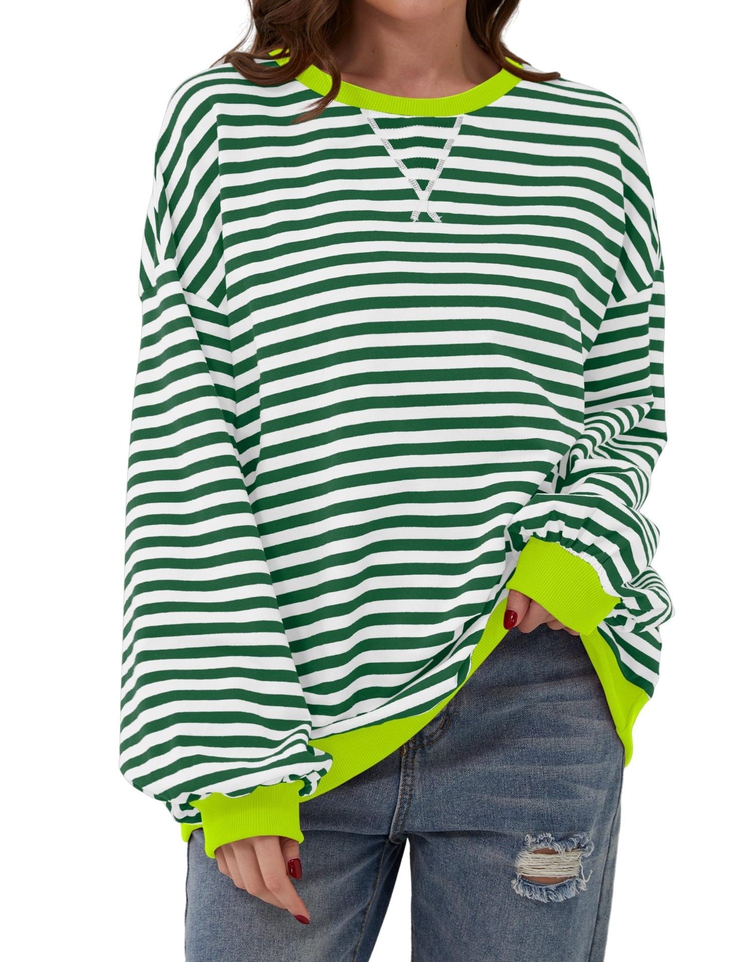 🔥2024 HOT SALE🔥Women's Oversized Striped Long Sleeve Pullover-17