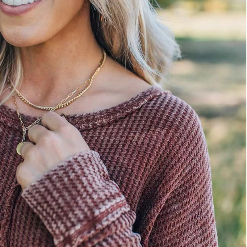 💞Women's Solid Color Long-Sleeve Waffle Knit Tops-2