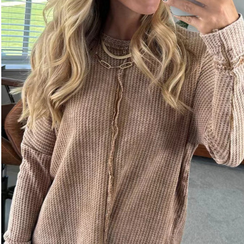 💞Women's Solid Color Long-Sleeve Waffle Knit Tops-1