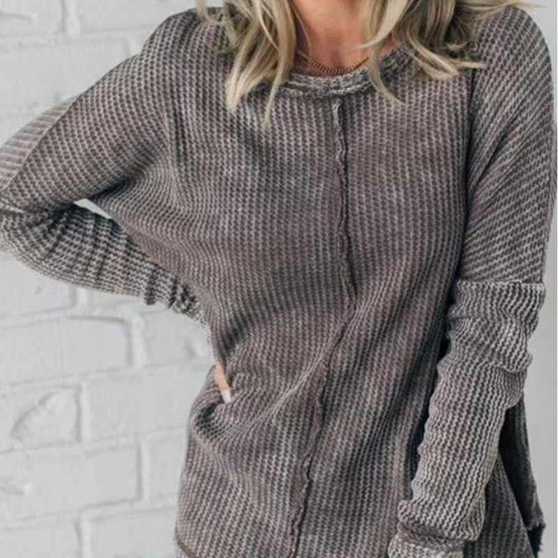 💞Women's Solid Color Long-Sleeve Waffle Knit Tops-3