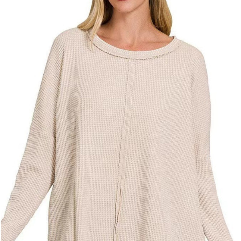 💞Women's Solid Color Long-Sleeve Waffle Knit Tops-5