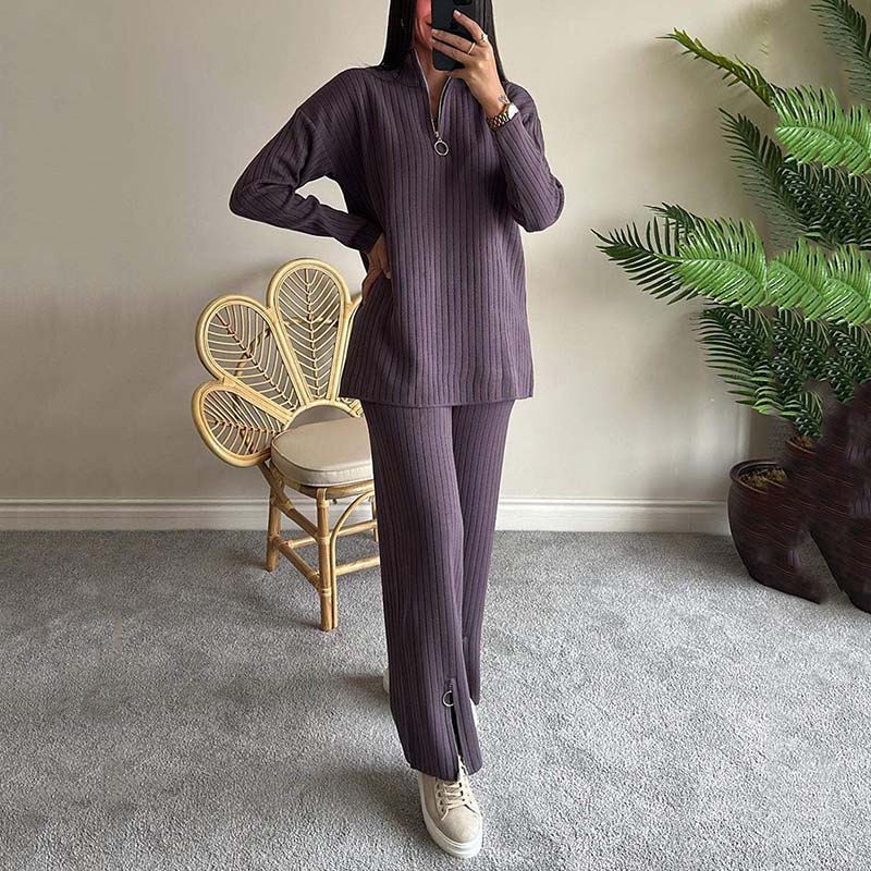 ⏳Limited Sale 50% OFF🌸Women's Cozy Ribbed Knit Two-Piece Set with Slit-Leg Pants💕-5