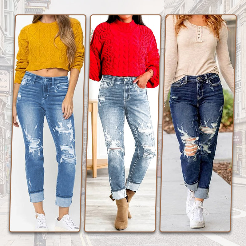 🔥HOT Sale🔥Women's Tummy Control Distressed Cuffed Boyfriend Jeans-2