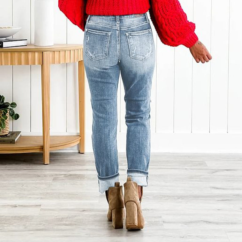 🔥HOT Sale🔥Women's Tummy Control Distressed Cuffed Boyfriend Jeans-6