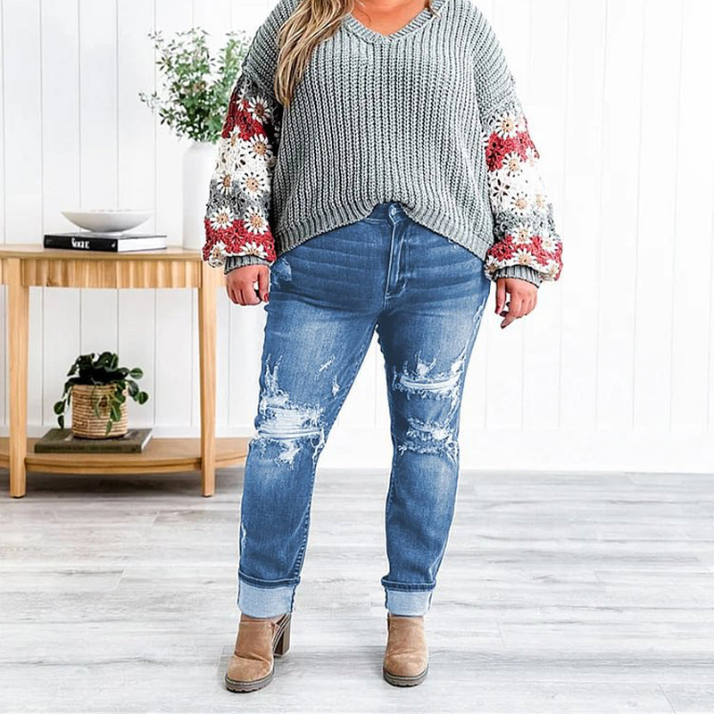 🔥HOT Sale🔥Women's Tummy Control Distressed Cuffed Boyfriend Jeans-4