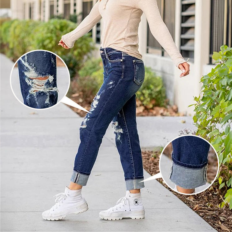 🔥HOT Sale🔥Women's Tummy Control Distressed Cuffed Boyfriend Jeans-8