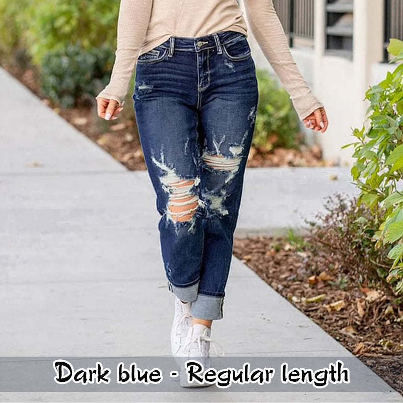 🔥HOT Sale🔥Women's Tummy Control Distressed Cuffed Boyfriend Jeans-10