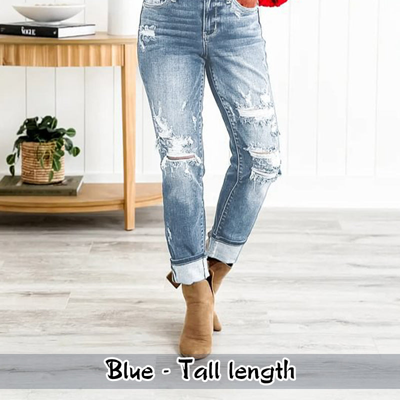 🔥HOT Sale🔥Women's Tummy Control Distressed Cuffed Boyfriend Jeans-14