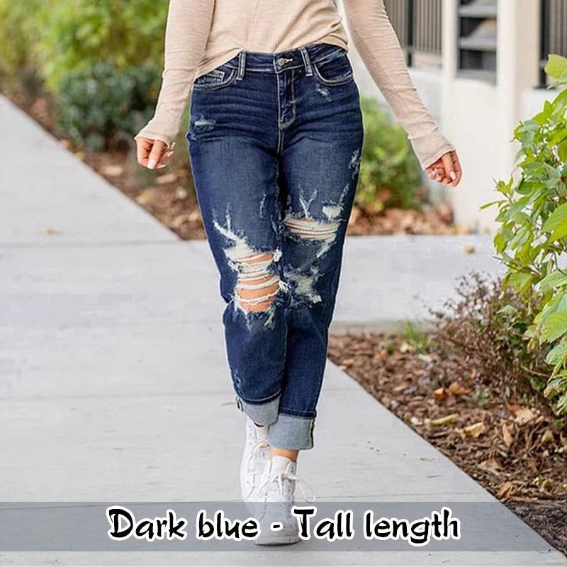 🔥HOT Sale🔥Women's Tummy Control Distressed Cuffed Boyfriend Jeans-11