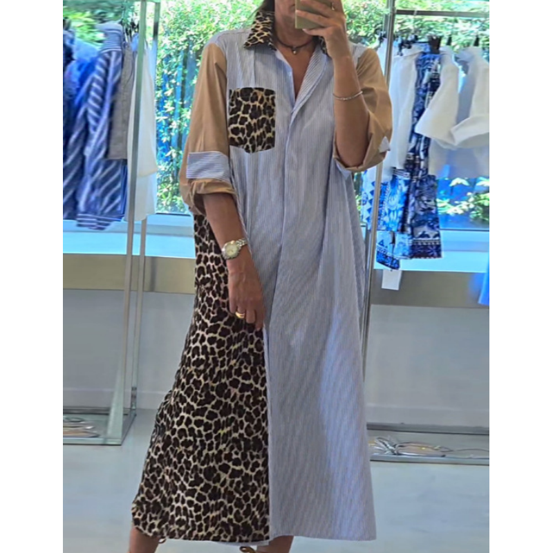 🌷Limited Time 50% OFF💞Women's Loose Leopard & Stripe Patchwork Shirt Dress-1