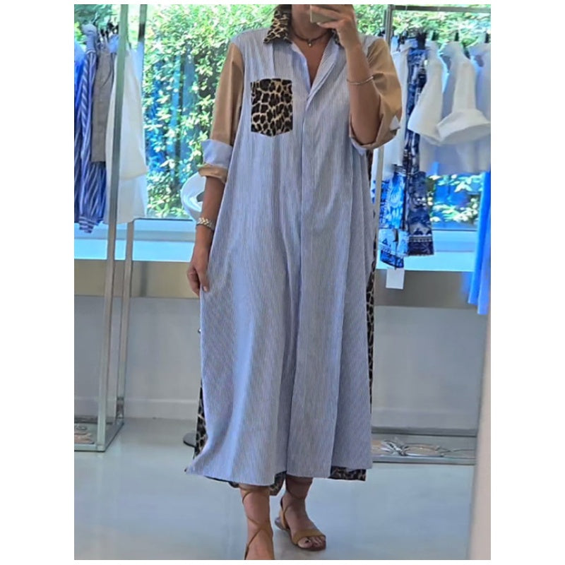 🌷Limited Time 50% OFF💞Women's Loose Leopard & Stripe Patchwork Shirt Dress-2