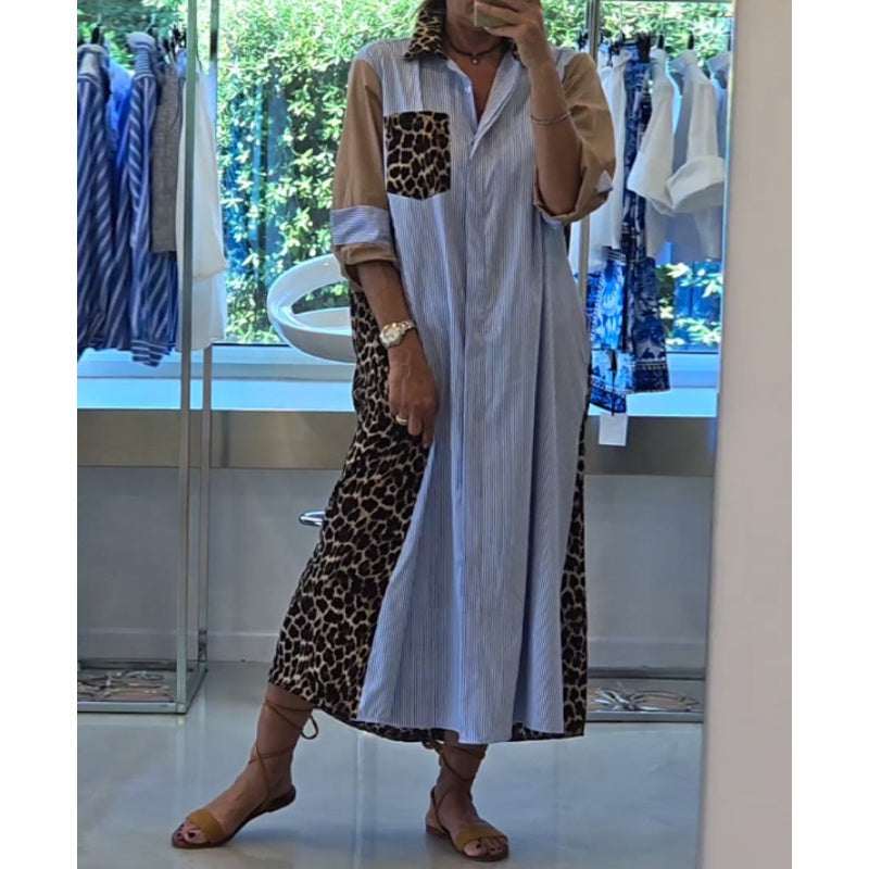 🌷Limited Time 50% OFF💞Women's Loose Leopard & Stripe Patchwork Shirt Dress-3