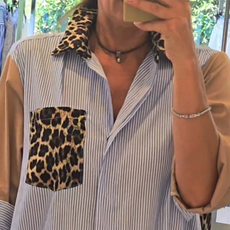🌷Limited Time 50% OFF💞Women's Loose Leopard & Stripe Patchwork Shirt Dress-4
