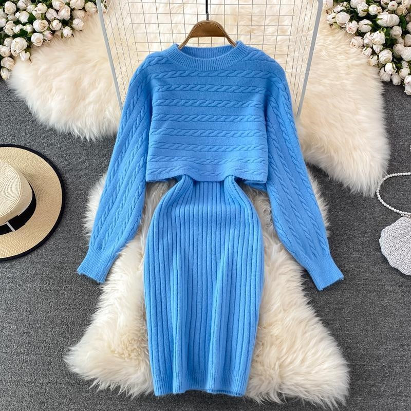 ✨New Arrival✨Women’s Two Piece Sweater Set Crop Top & Bodycon Dress-2