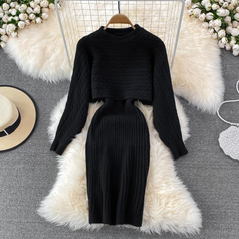 ✨New Arrival✨Women’s Two Piece Sweater Set Crop Top & Bodycon Dress-3
