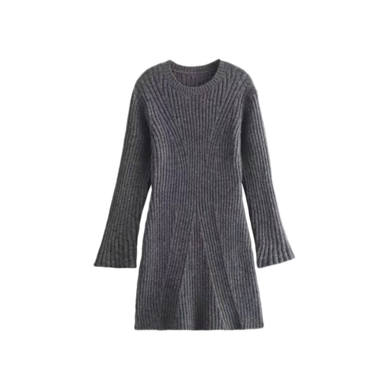 ✨New Arrival✨Solid Color Round Neck Knit Long Sleeve Mini Dress-3