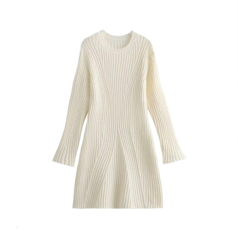 ✨New Arrival✨Solid Color Round Neck Knit Long Sleeve Mini Dress-2