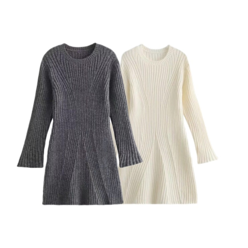 ✨New Arrival✨Solid Color Round Neck Knit Long Sleeve Mini Dress-4